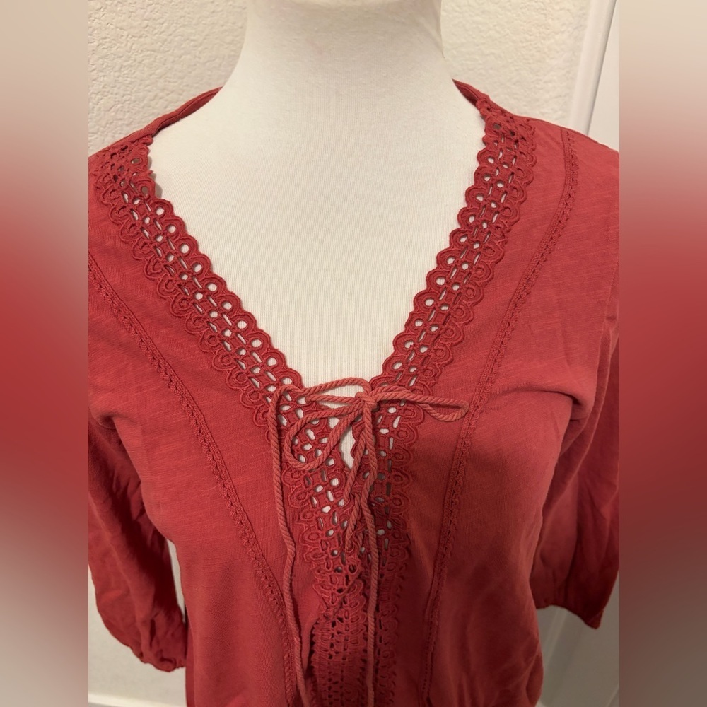 Suzanne Betro Brick Red Lace-Up Blouse - Picture 4 of 5